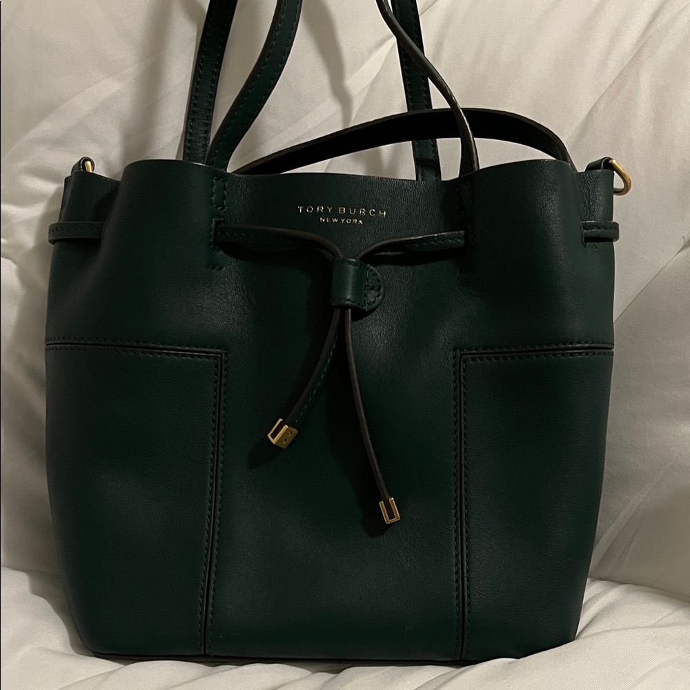 Tory Burch Forest Green Leather Drawstring Tote